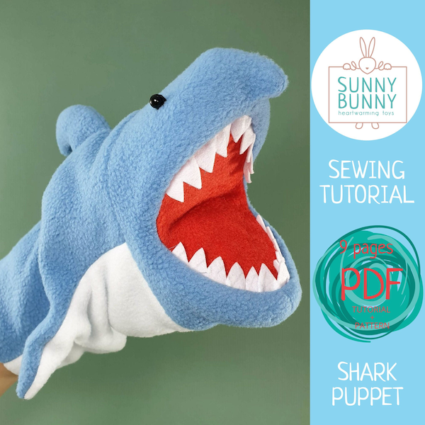 Shark puppet pattern with mouth and lining. Shark PDF Tutorial and pattern.