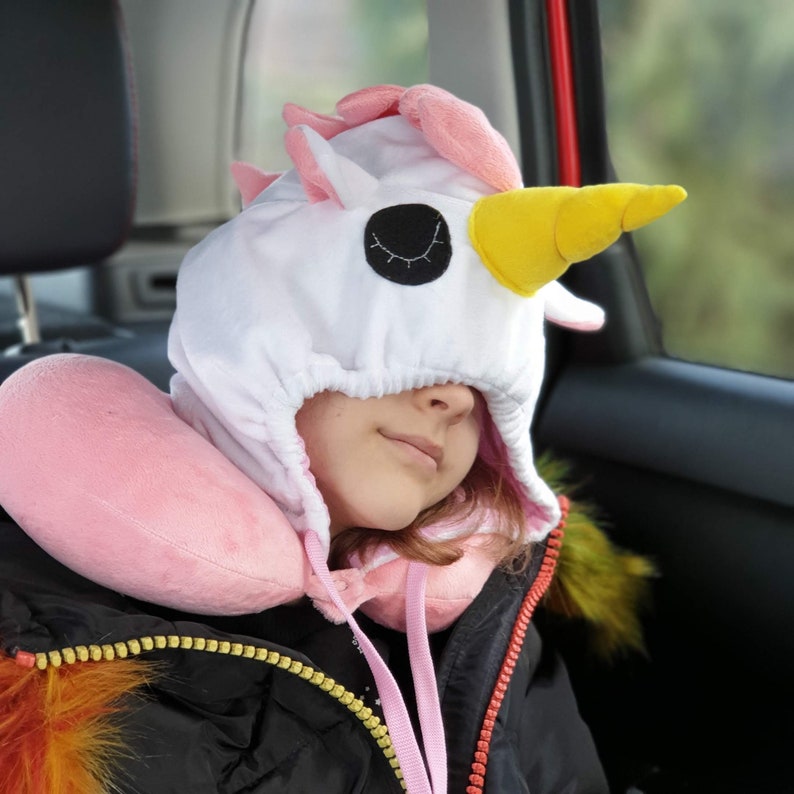 Travel pillow with hood for comfortable journey. UNICORN neck Etsy