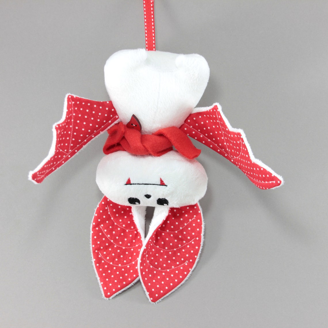 White Stuffed Bat Toy. Hanging Plush Bat With Red Wings. Bat Toy for
