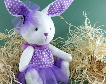 Stuffed bunny rabbit. White and Lavender Bunny toy. Soft toy rabbit.