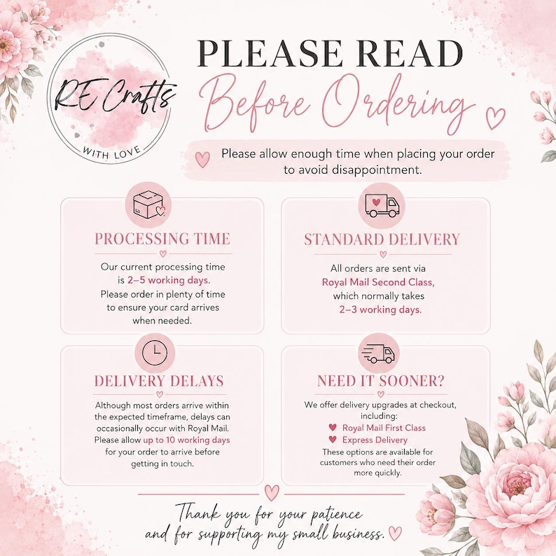 Op de afbeelding: Een lichtroze informatieve afbeelding met de titel PLEASE READ Before Ordering en bloemaccenten. Het beschrijft verwerkingstijden, standaardlevering via Royal Mail, mogelijke vertragingen en opties voor snellere verzendupgrades voor klanten.