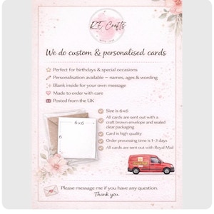May include: A light pink informational card featuring the RE Crafts logo, floral accents, and text detailing custom card services. It includes a graphic of a 6x6 inch card with a brown envelope and a red delivery van illustration at the bottom.