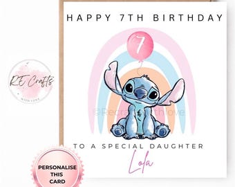 Personalised Stitch Birthday Card for Daughter, Granddaughter, Niece, Friend– Cute Stitch Rainbow Card ,Custom Name Age 7 Girl Birthday Card