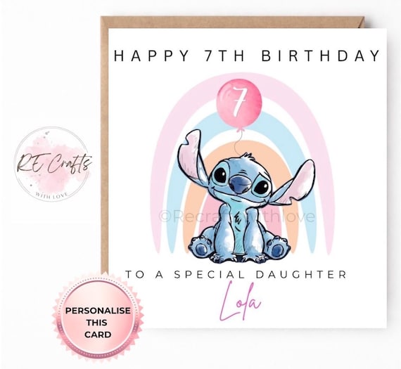 Personalised Stitch Birthday Card for Daughter, Granddaughter, Niece, Friend– Cute Stitch Rainbow Card ,Custom Name Age 7 Girl Birthday Card