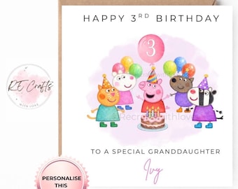 Personalised Peppa Pig 3rd Birthday Card –  Peppa pig and friends watercolour Card, Custom 3rd Birthday Girl Card, Any age