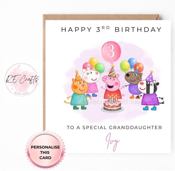 Personalised Peppa Pig 3rd Birthday Card –  Peppa pig and friends watercolour Card, Custom 3rd Birthday Girl Card, Any age