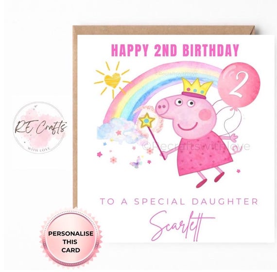 Personalised Peppa Pig 2nd Birthday Card – Fairy Princess Peppa Watercolour Card – Custom 2nd Birthday Girl Card – Rainbow Birthday, Any age
