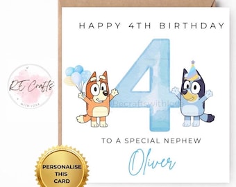 Bluey & Friends 4th Birthday Card – Personalised Son Birthday Card – Custom Name Age 4 – Blue Number Card, Grandson, Nephew, Son, Specialboy