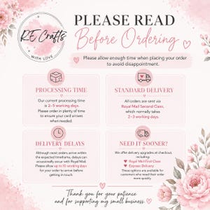 May include: A pale pink informational graphic titled PLEASE READ Before Ordering with floral accents. It outlines processing times, standard delivery via Royal Mail, potential delivery delays, and options for faster shipping upgrades for customers.