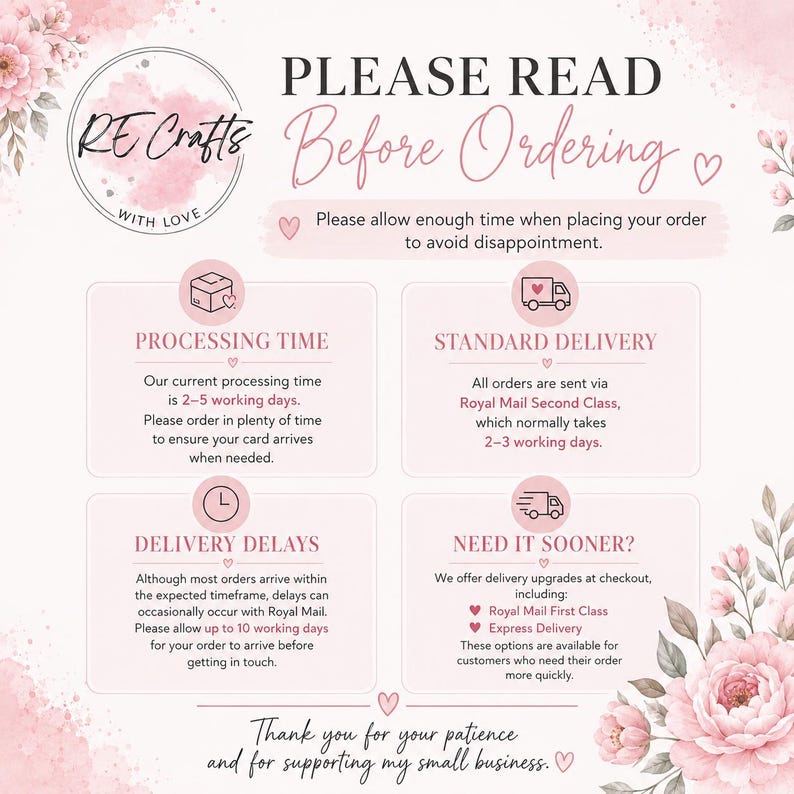 May include: A pale pink informational graphic titled PLEASE READ Before Ordering with floral accents. It outlines processing times, standard delivery via Royal Mail, potential delivery delays, and options for faster shipping upgrades for customers.