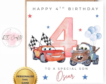 Disney Cars 4th Birthday Card for Son – Personalised Lightning McQueen & Mater Birthday Card – Disney Cars 4 Year Old Boy Birthday, Any Age