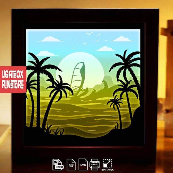 Sailboat surfing sport paper light box template, shadow box template, shadow box art, Cutting Cricut, Layered svg file DIY #249