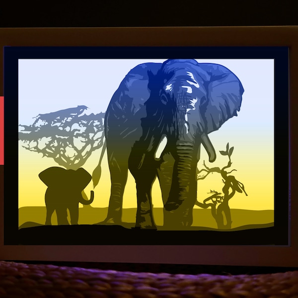 Elephant mother paper light box template, shadow box template, shadow box art, Cutting Cricut, Layered svg file DIY #113