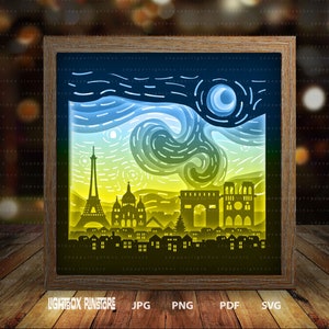 Sternenklare Nacht in Paris Frankreich Papier Lichtbox, Schattenbox Vorlage, Schattenbox Kunst, Schneiden Cricut, Layered svg Datei DIY #306