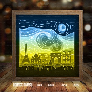 Starry night in Paris France paper light box template, shadow box template, shadow box art, Cutting Cricut, Layered svg file DIY  #306