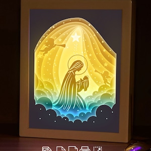 Modèle de caisson lumineux en papier Mère de l'église, modèle de boîte d'ombre, art de boîte d'ombre, découpe Cricut, fichier svg en couches DIY #182