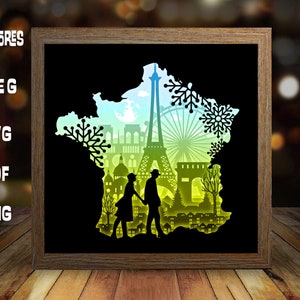 Liebe in Frankreich Paris, Papierschnitt Licht Box Vorlage, Schattenbox svg, Lichtbox svg, Cricut svg, Schatten Papierschnitt, Rahmenschnitt #245