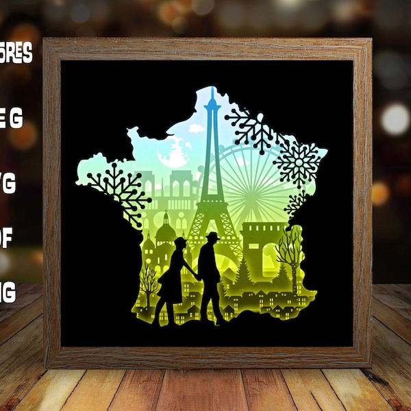 Love in France Paris, Paper Cut Light Box Template, shadow box svg, light box svg, Cricut svg, Shadow Paper cut, Frame cut #245