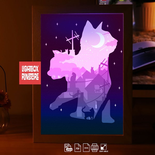 Couple Cats paper light box template, shadow box template, shadow box art, Cutting Cricut, Layered svg file DIY #197
