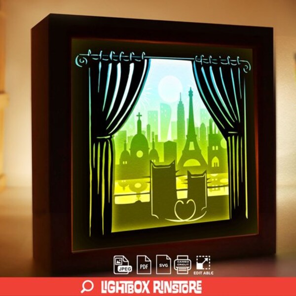 Couple Cats at Paris paper light box template, shadow box template, shadow box art, Cutting Cricut, Valentine’s Day gift #124 Couple Cats at Paris paper light box template, shadow box template, shadow box art, Cutting Cricut, Valentine’s Day gift #124