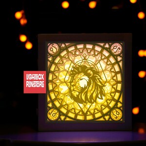 Plantilla de caja de luz de papel con el signo del zodíaco LEO, archivos SVG para Cricut y archivos cortados con láser, caja de sombras svg n.° 91