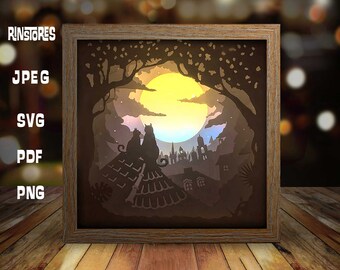 Moon Cats Paper Cut Light Box Template ,3D shadow box svg, light box svg, die cut, Cricut svg, Shadow Paper cut  #8