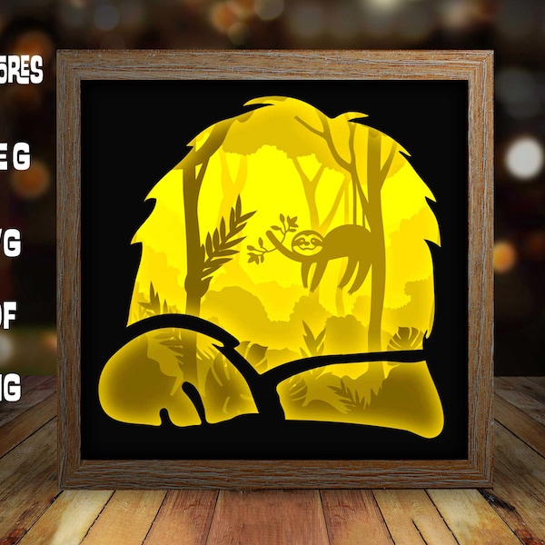 Sloth in jungle paper light box template, shadow box template, shadow box art, Cutting Cricut, Layered svg file DIY #159