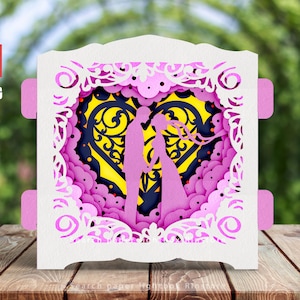 Modelo de cartão pop-up de casamento, caixa de luz svg para cartões comemorativos, arquivos SVG para cricut e arquivos de corte a laser, corte à mão #286