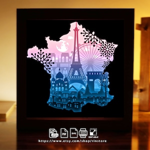 Modèle de caisson lumineux en papier France Paris, modèle de boîte d'ombre, art de boîte d'ombre, découpe Cricut, fichier svg en couches DIY #149