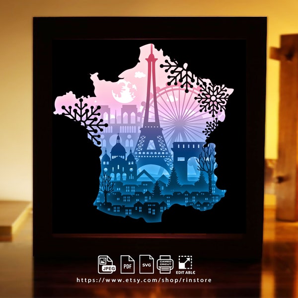 Modèle de boîte à lumière en papier France Paris, modèle de boîte d’ombre, art de boîte d’ombre, Cutting Cricut, Fichier svg en couches DIY #149