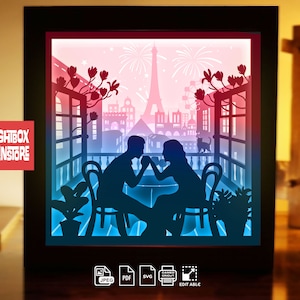 Plantilla de caja de luz de papel Love in French Paris, plantilla de caja de sombra, arte de caja de sombra, corte Cricut, regalo de San Valentín n.° 232