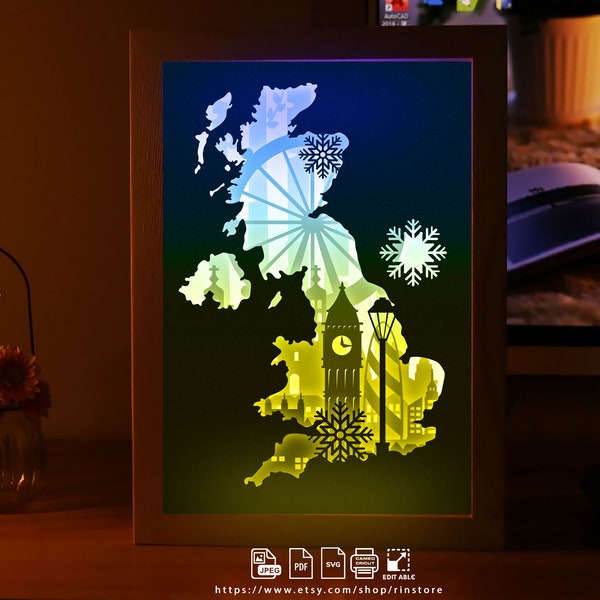 England - London paper light box template, shadow box template, shadow box art, Cutting Cricut, Layered svg file DIY #185