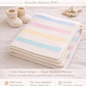 May include: A crocheted baby blanket with pastel stripes in blue, pink, and yellow. The blanket is folded and next to a pair of crocheted baby booties. The text "PASTEL HORIZON Baby Blanket" is at the top.