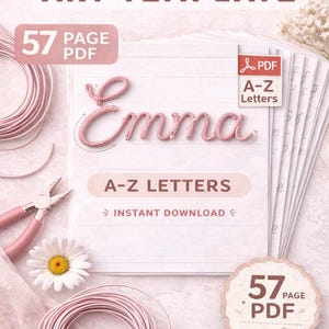 May include: Pink wire art template with the text "Knitted WIRE ART TEMPLATE". The word "Emma" is spelled out in pink knitted wire. Includes a PDF with A-Z letters and a 57-page PDF.