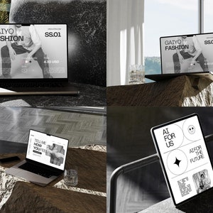 Pode incluir: Quatro telas de laptop e tablet diferentes exibindo vários sites e designs. Os sites apresentam imagens e texto em preto e branco. O texto inclui "GAIYO FASHION", "SS.01", "TELL ME HOW YOU FEEL", "AI FOR US" e "AI FOR THE FUTURE".