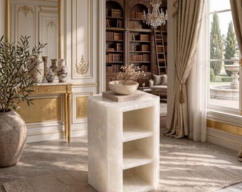 Onyx Nightstand with Storage White Stone Bedside Table Sculpted Side Table