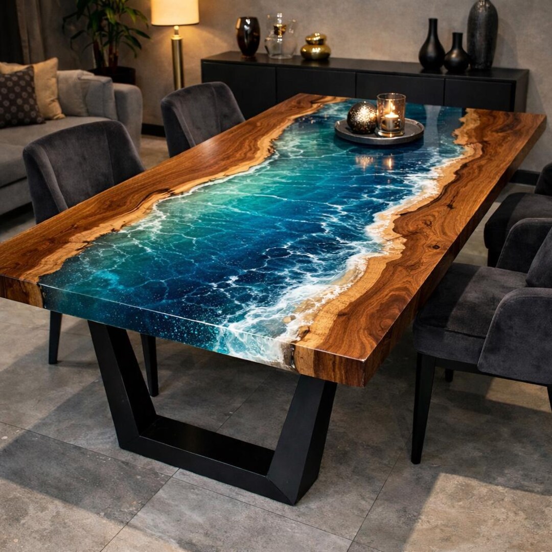 Ocean Epoxy Dining Table, Live Edge Wood River Table, Coastal Furniture ...