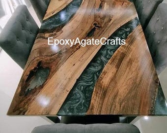 Eettafel acaciahout epoxyhars: bureau met geslepen rand