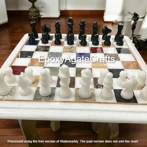 White Marble Chess Board Set with Marble Chess Pieces, Multi-Stone Inlay Art, Unique Home & Garden, Perfect Gift For Trevling