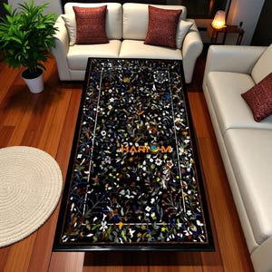 Handmade Black Marble Inlay Table Top: Floral Pietra Dura Art