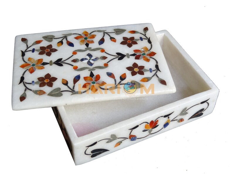 6x4x2 White Marble Jewelry Box Multi Semi Precious Gem Stones Floral Marquetry Inlay Wedding Gifts