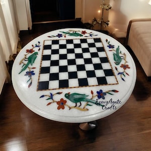 24&quot; Round White Marble Chess Table Malachite Parrot Inlay Marquetry Arts Pietra Dura Modern Arts Playing Room Chess Decors