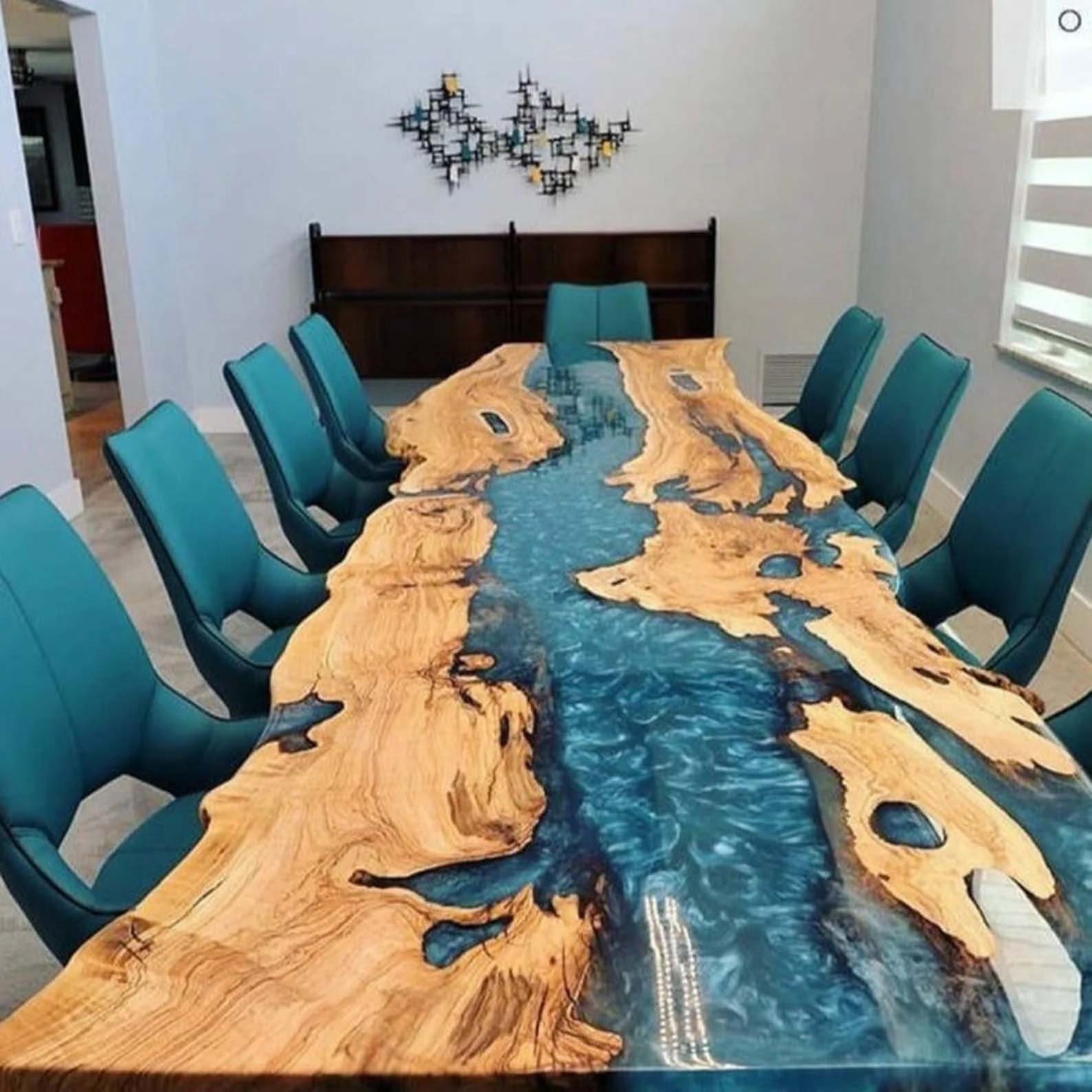 Customize Stream Resin Epoxy Table, Handmade Design Blue Epoxy Dining