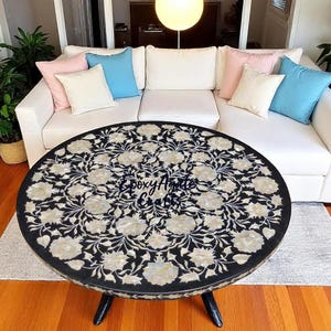 Round Black Marble Center Sofa Coffee Table Mop Stone inlay Floral Marquetry Arts Handmade Pietra Dura Arts Luxury Hallway Furniture Decors