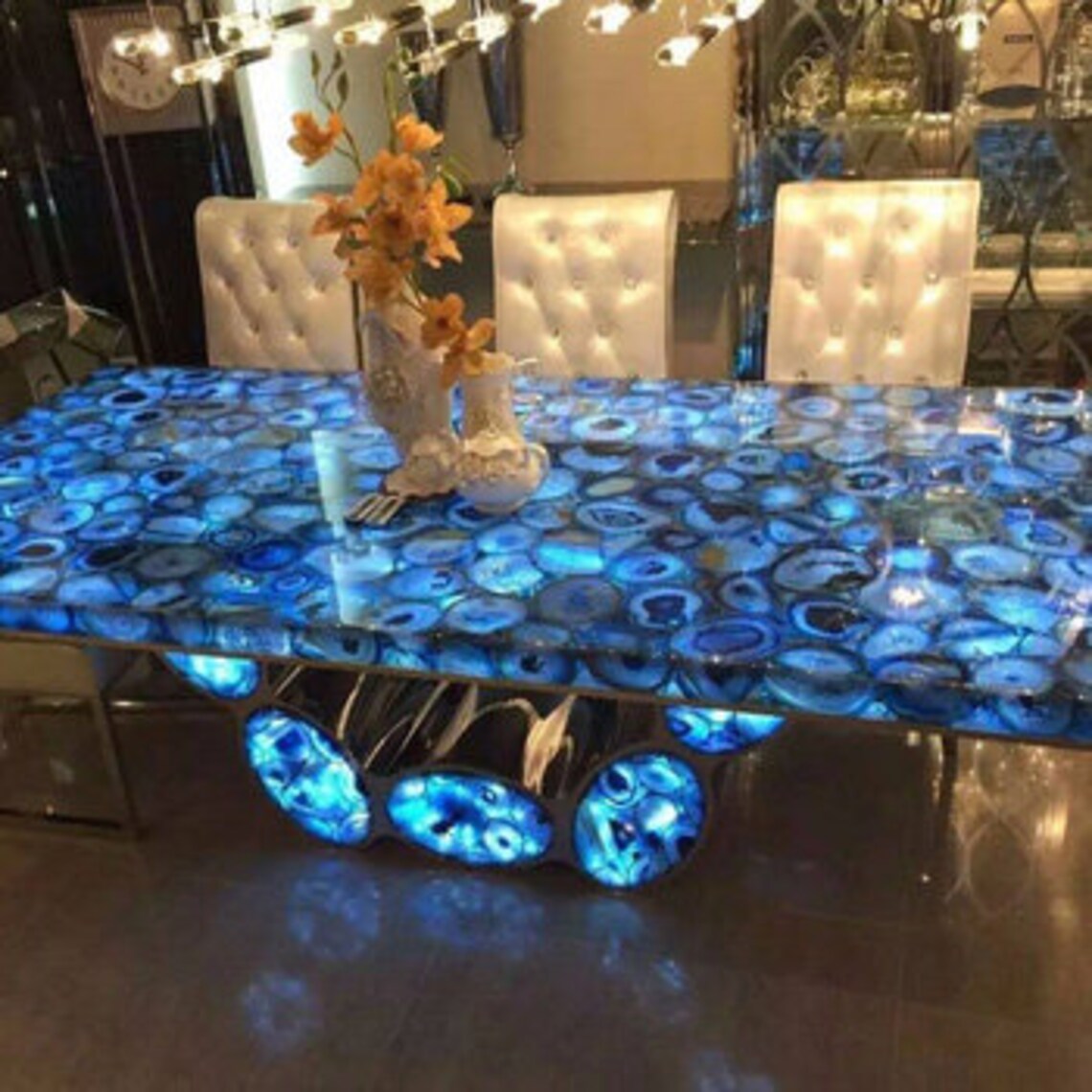Blue Agate Top Gemstone Dining Table Handmade Furniture Mid Etsy