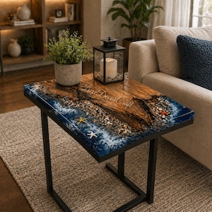 Epoxy Ocean Wave Side Table | Live Edge Wood Resin Accent Table Coastal Beach Furniture Top Handmade Coffee End Table Decor