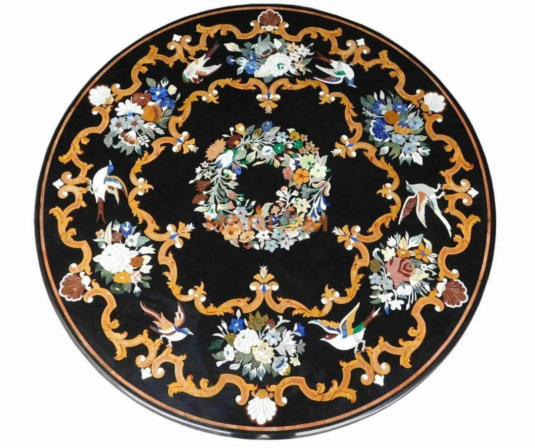 Round Marble Black Coffee Counter Table Semi Precious Inlay Etsy