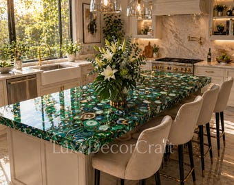 Agaat eettafelblad groen, luxe handgemaakte moderne eettafel keukenblad aanrechtblad meubeldecor