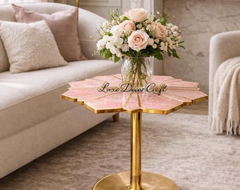 Luxury Pink Rose Quartz Side Table, Floral Shape Coffee Table Accent Table, Modern Living Room Decor End Table