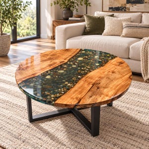 Mesa de centro redonda Epoxy River de madera de nogal con vetas, resina verde, arte de guijarros, muebles de lujo para sala de estar, mesa decorativa hecha a mano.